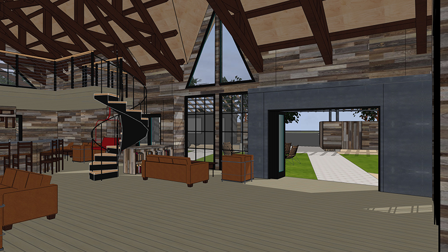 A rendering of the interior - a spiral staircase leads to the mezzanine, retired ski lifts hang from the ceiling as chairs